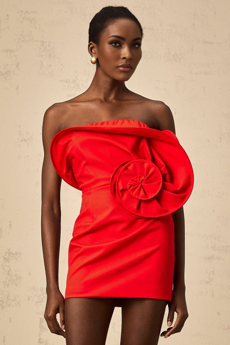Filippa Strapless Mini Dress - Floral Appliqué - Boned Bodice - Stretch Design - Off the Shoulder
