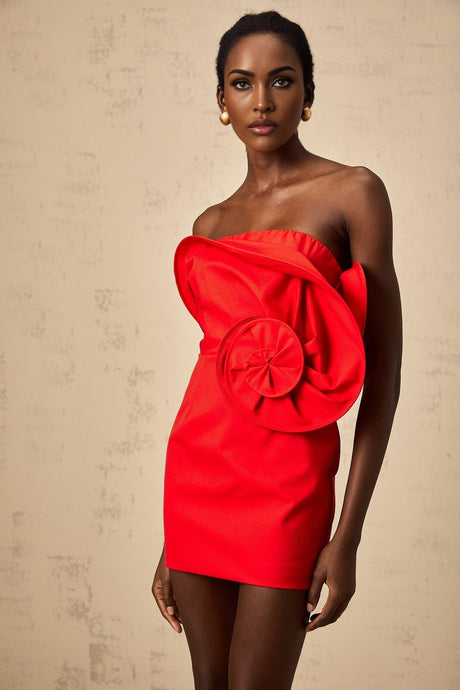 Filippa Strapless Mini Dress - Floral Appliqué - Boned Bodice - Stretch Design - Off the Shoulder