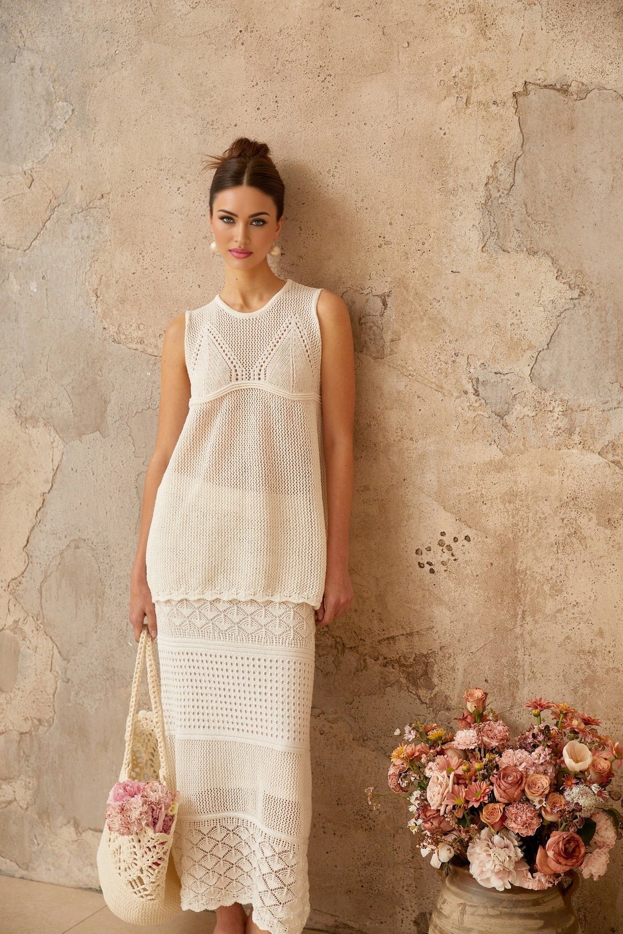 Filippa Top & Skirt Set White Crochet Cut - Out Ankle - Length