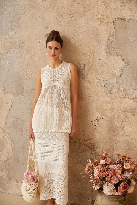 Filippa Top & Skirt Set White Crochet Cut - Out Ankle - Length