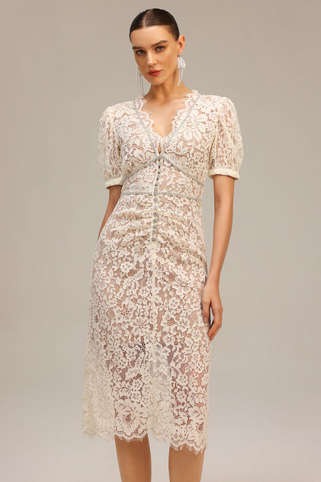 Filomena Beige Lace Maxi Dress V-neckline Puff Sleeves Special Occasions Evening Soirées Elegant Feminine Figure-flattering Fit