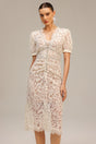 Filomena Beige Lace Maxi Dress V-neckline Puff Sleeves Special Occasions Evening Soirées Elegant Feminine Figure-flattering Fit