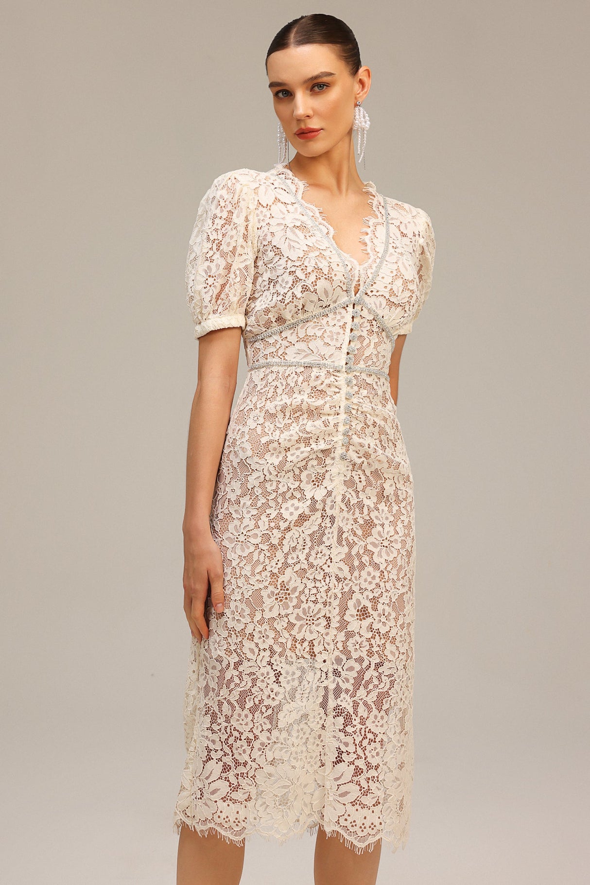 Filomena Beige Lace Maxi Dress V-Neckline Puff Sleeves Elegant Feminine Special Occasions Evening Soirées