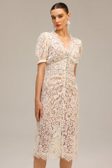 Filomena Beige Lace Maxi Dress V-Neckline Puff Sleeves Elegant Feminine Special Occasions Evening Soirées