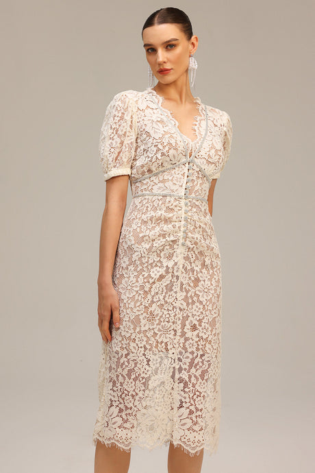 Filomena Beige Lace Maxi Dress V-Neckline Puff Sleeves Elegant Feminine Special Occasions Evening Soirées