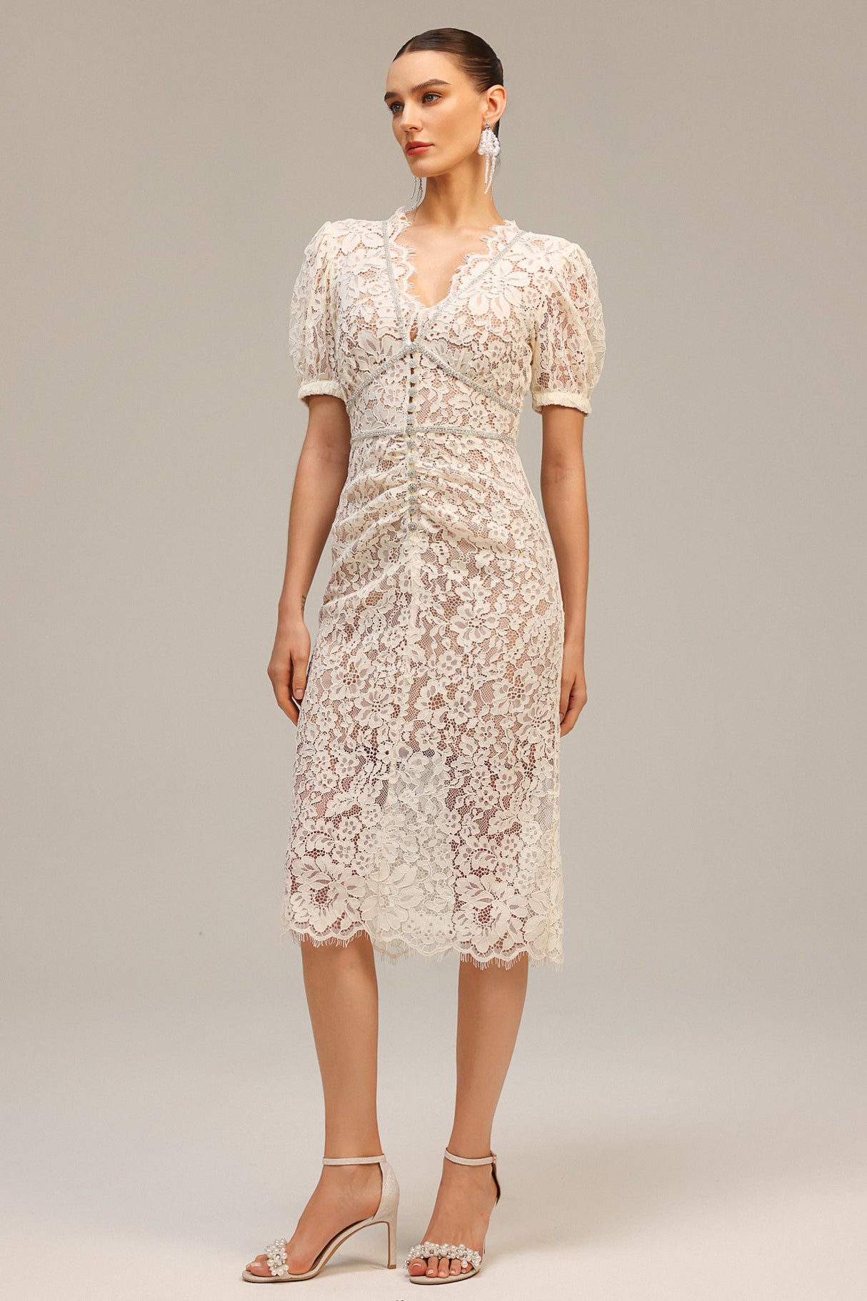 Filomena Beige Lace Maxi Dress V-Neck Puff Sleeves Special Occasions Evening Soirées Elegant Feminine Figure-Flattering Fit