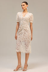Filomena Beige Lace Maxi Dress V-Neck Puff Sleeves Special Occasions Evening Soirées Elegant Feminine Figure-Flattering Fit