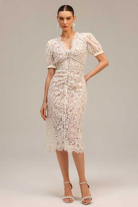 Filomena Beige Lace Maxi Dress V-Neck Puff Sleeves Special Occasion Evening Soiree Elegant Feminine Figure-Flattering Fit
