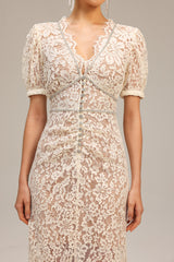 Filomena Beige Lace Maxi Dress with V-Neckline and Puff Sleeves for Special Occasions