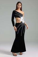 Filomena Black Pearl Floral Dress Slim Fit Long Sleeve Asymmetrical Neckline
