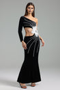 Filomena Black Pearl Floral Dress Slim Fit Long Sleeve Asymmetrical Neckline