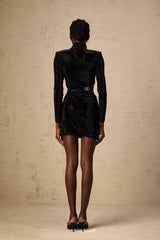 Filomena Mini Dress - Mock Neck - Long Sleeves - Velvet Effect - Cut - Out Design
