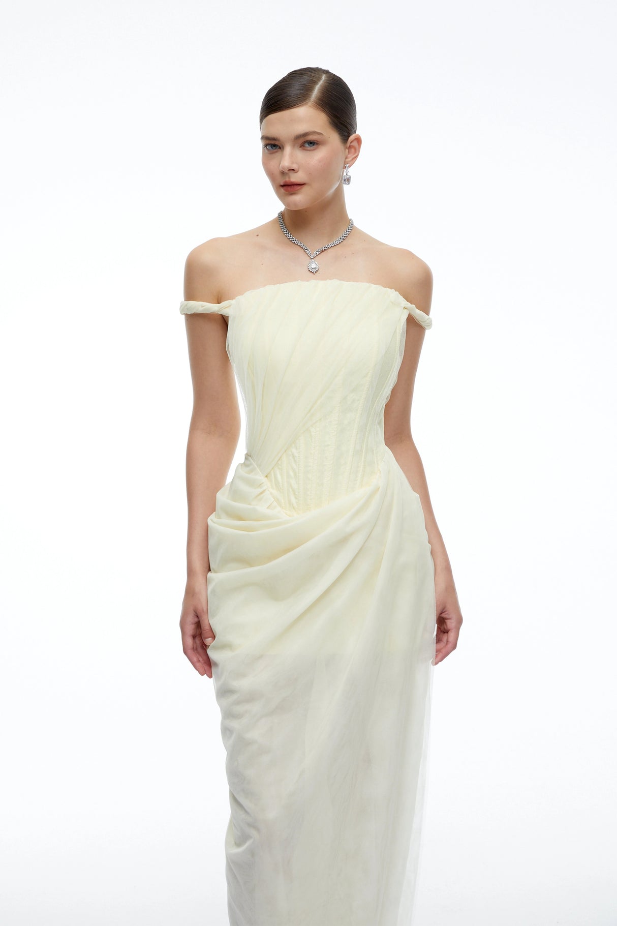 Finley Yellow Off Shoulder Ruched Bodycon Maxi Dress