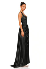 Fiona Black Satin Square Neck Maxi Dress