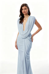 Fíona Blue Asymmetrical Draped Maxi Gown