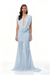 Fíona Blue Asymmetrical Draped Maxi Gown