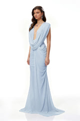 Fíona Blue Asymmetrical Draped Maxi Gown
