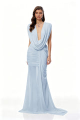 Fíona Blue Asymmetrical Draped Maxi Gown
