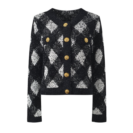 Fiona Cardigan - Classic Cropped Silhouette - Chic Argyle Pattern - Cozy Knit Fabric