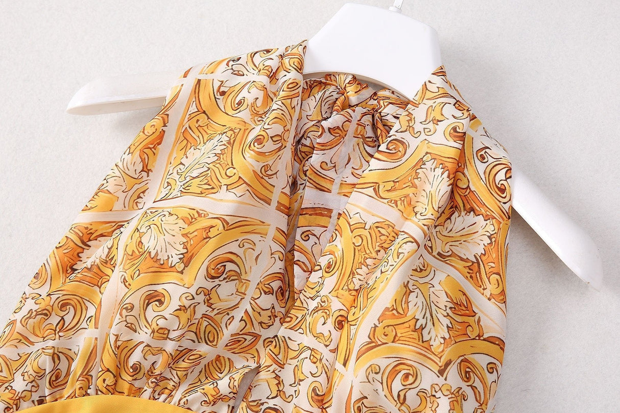 Fiona Dress - Halter Neck Silhouette - Baroque Pattern Design - Tailored Fit - Wrap Around Neckline