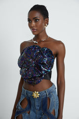 Fiona Floral Top - Off - the - Shoulder Design - Sequin Embellishments - Faux - Flower Detailing - Cropped Length
