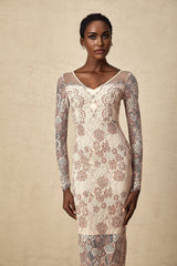 Fiona Midi Dress - V - Neck - Long Sleeve - High Slit - Guipure Lace Detailing