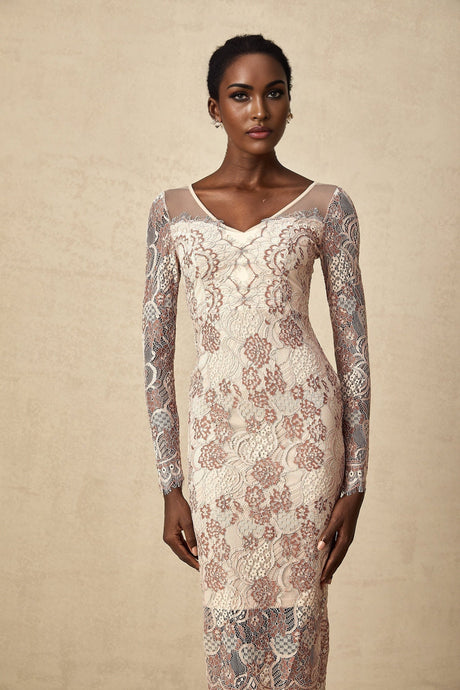 Fiona Midi Dress - V - Neck - Long Sleeve - High Slit - Guipure Lace Detailing