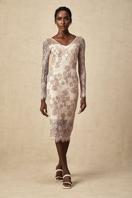 Fiona Midi Dress - V - Neck - Long Sleeve - High Slit - Guipure Lace Detailing