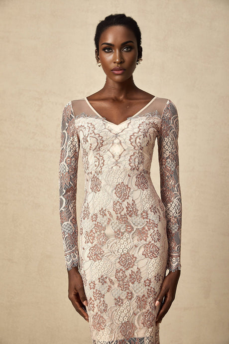Fiona Midi Dress - V - Neck - Long Sleeve - High Slit - Guipure Lace Detailing