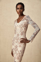 Fiona Midi Dress - V - Neck - Long Sleeve - High Slit - Guipure Lace Detailing