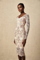 Fiona Midi Dress - V - Neck - Long Sleeve - High Slit - Guipure Lace Detailing