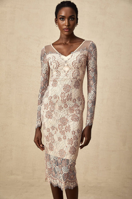 Fiona Midi Dress - V - Neck - Long Sleeve - High Slit - Guipure Lace Detailing