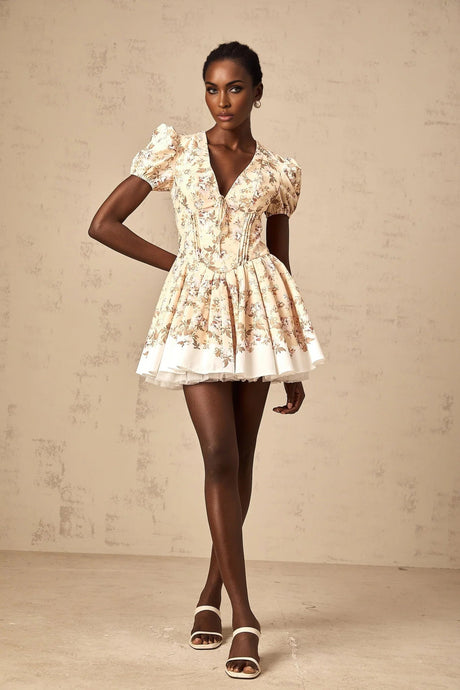 Fiona Mini Dress Yellow Floral Print Pleated