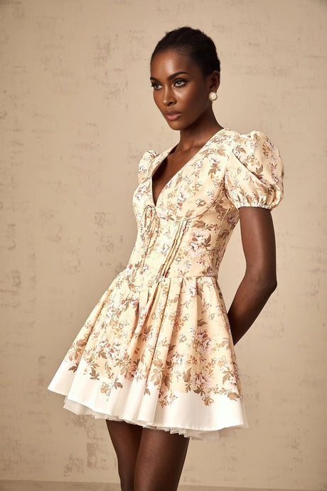 Fiona Mini Dress Yellow Floral Print Pleated