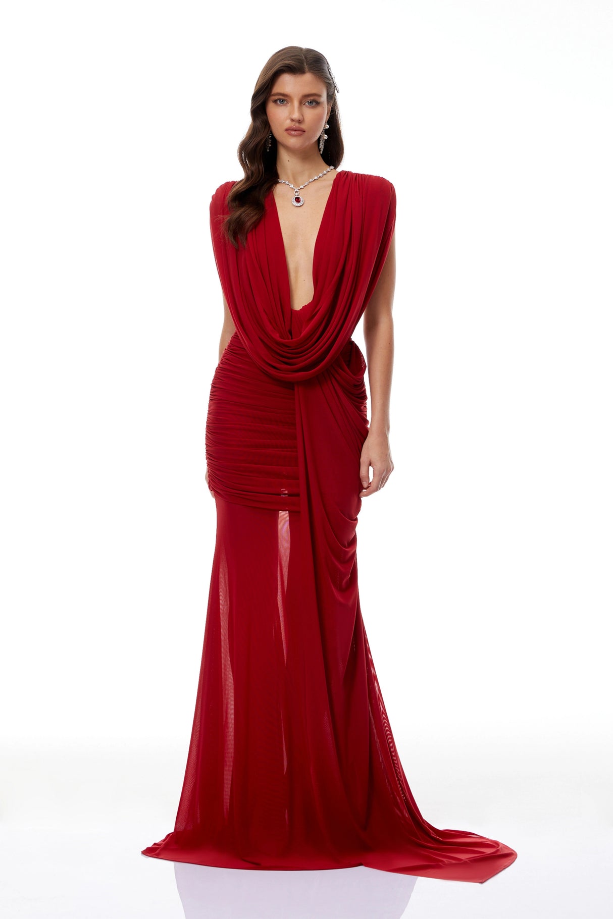 Fíona Red Asymmetrical Draped Maxi Gown