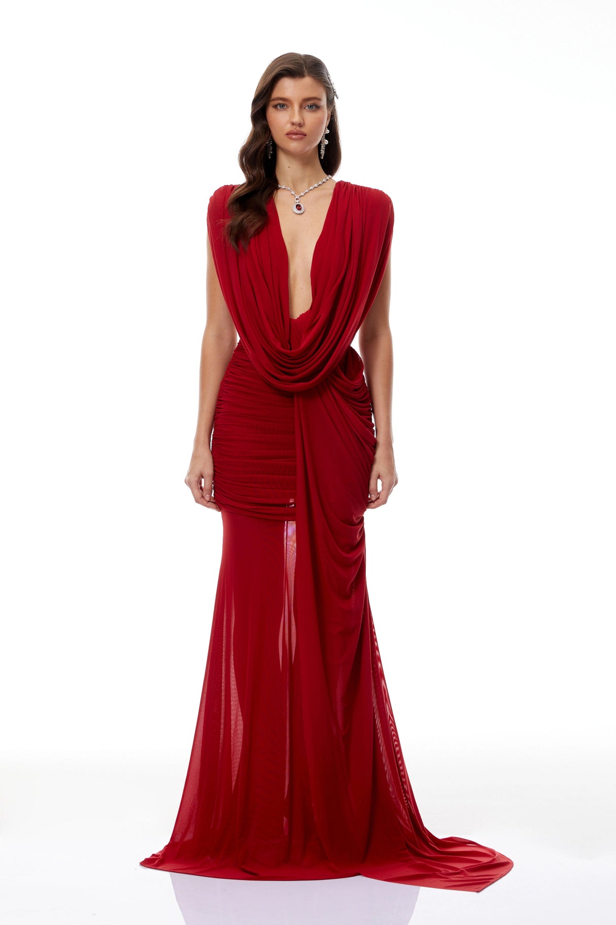Fíona Red Asymmetrical Draped Maxi Gown