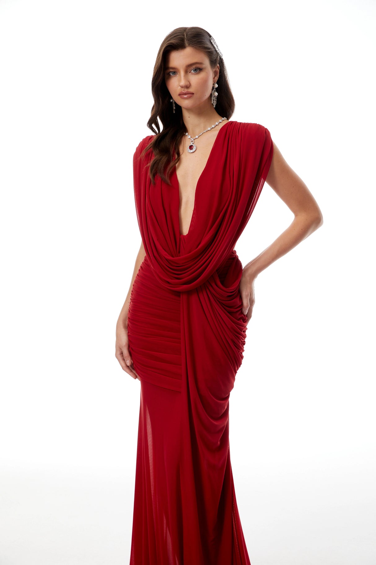 Fíona Red Asymmetrical Draped Maxi Gown