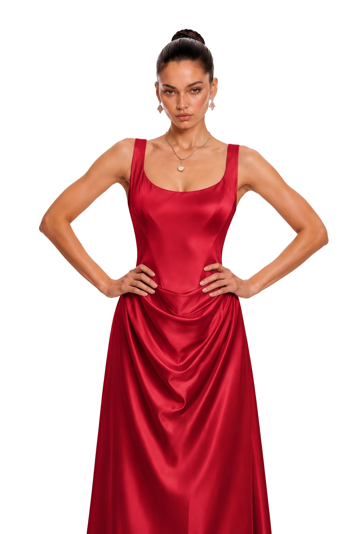 Fiona Red Satin Square Neck Maxi Dress