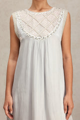 Fiona Silver Diamond Patterned Sleeveless Dress with Beadwork