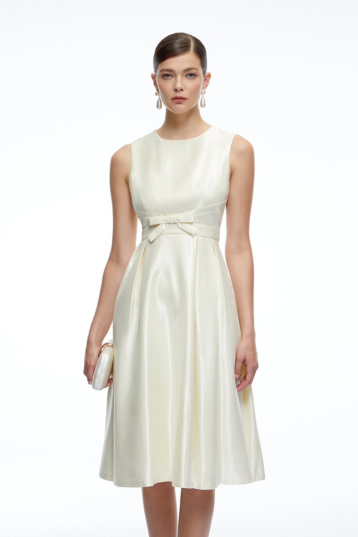 Fiora White Sleeveless ALine Midi Dress with Bow