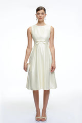 Fiora White Sleeveless ALine Midi Dress with Bow