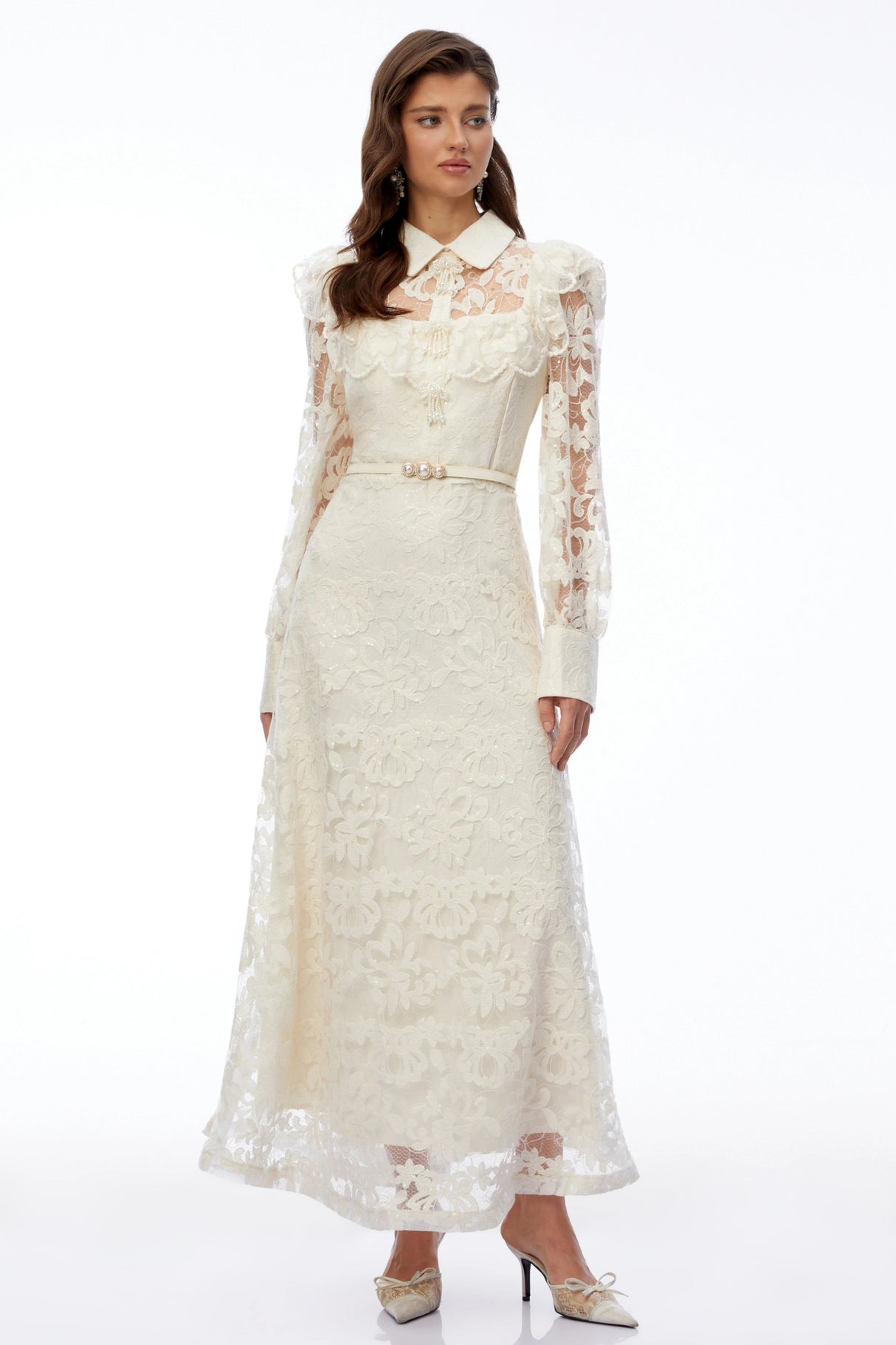 Fiord Ivory Collared Floral Lace Maxi Dress