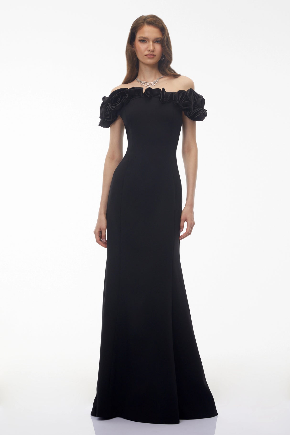 Fiorella Black Off Shoulder Maxi Dress with 3D Florals