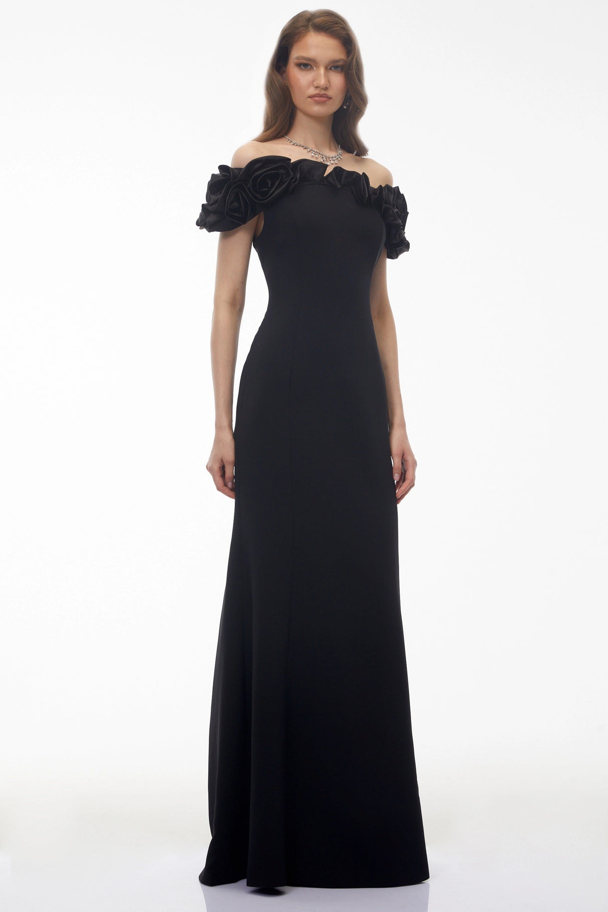 Fiorella Black Off Shoulder Maxi Dress with 3D Florals