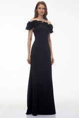 Fiorella Black Off Shoulder Maxi Dress with 3D Florals