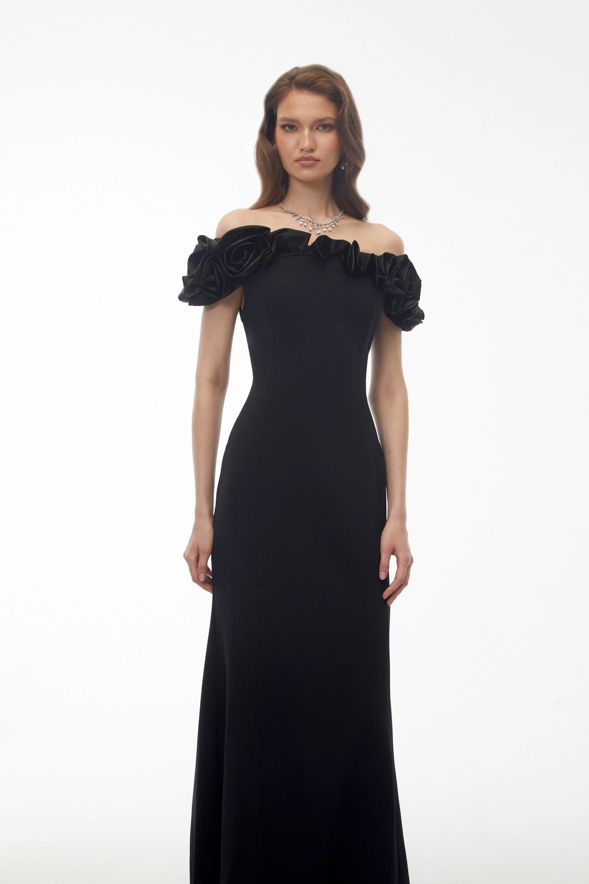 Fiorella Black Off Shoulder Maxi Dress with 3D Florals
