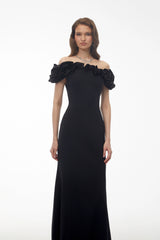 Fiorella Black Off Shoulder Maxi Dress with 3D Florals