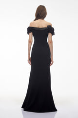Fiorella Black Off Shoulder Maxi Dress with 3D Florals