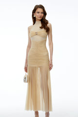 Fiorella Champagne Sweetheart Ruched Maxi Dress