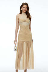 Fiorella Champagne Sweetheart Ruched Maxi Dress